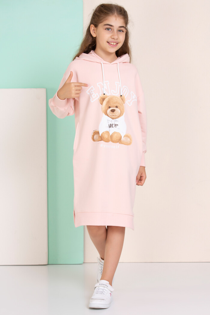 Kız Çocuk Pudra Enjoy Ayıcık Baskı 4-8 Yaş Elbise - 8075-2