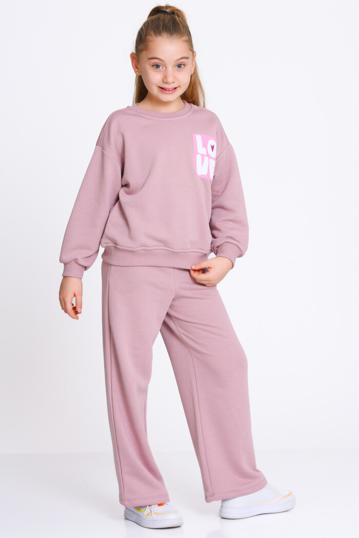 Kız Çocuk Gül Kurusu Love Baskı 5-9 Yaş Takım - 23303-3