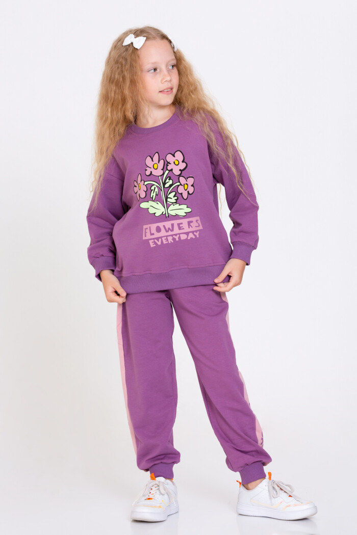 Kız Çocuk Mürdüm Flowers Everyday Baskı 5-9 Yaş Takım - 23100-1