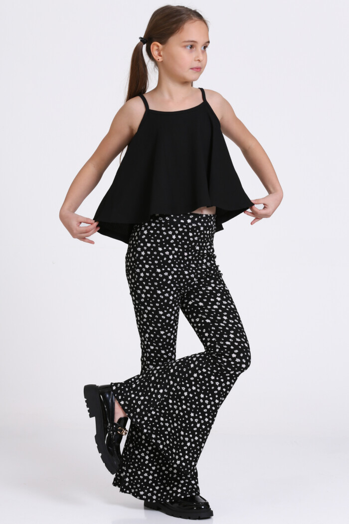 Siyah Bürümcük İp Askılı İspanyol Paça 5-8 Yaş Takım - 2418-4