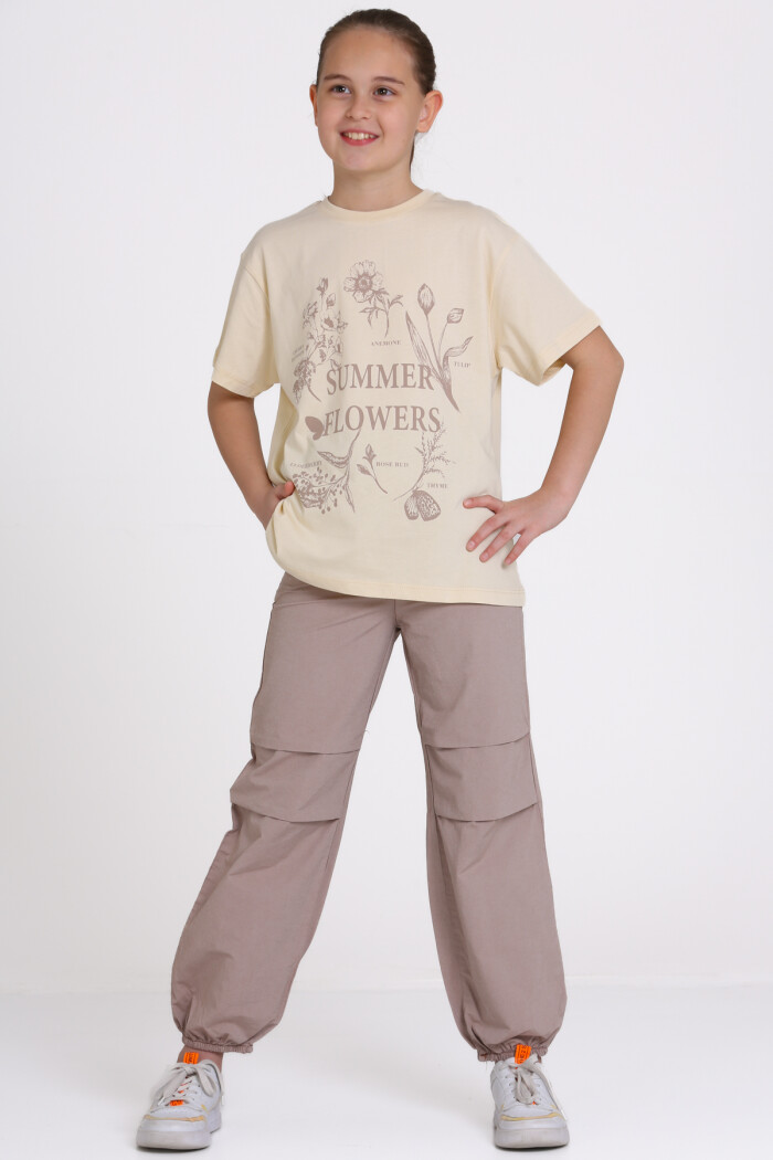 Bej Summer Flowers Baskılı 9-13 Yaş Takım - 2482-4