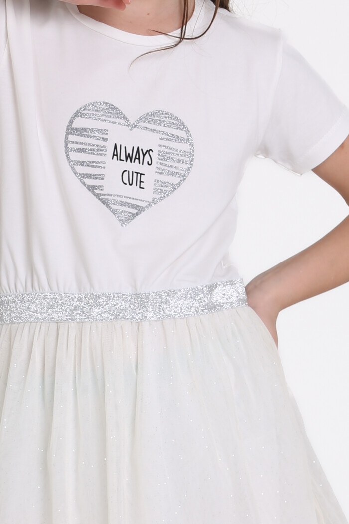 Ekru Simli Baskılı 4-11 Yaş Elbise - 81410-1