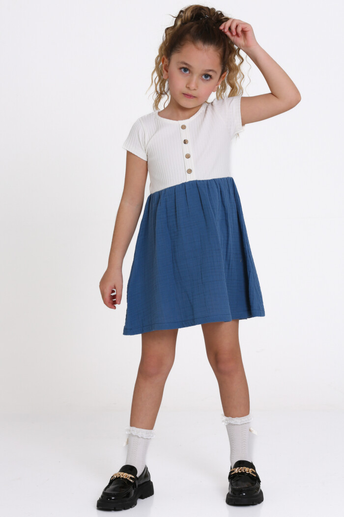 Kız Çocuk İndigo Müslin Fitilli 1-5 Yaş Elbise - 2474-2