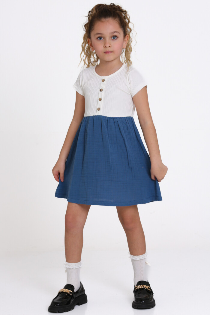 Kız Çocuk İndigo Müslin Fitilli 1-5 Yaş Elbise - 2474-2