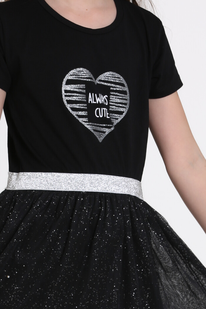 Siyah Simli Baskılı 4-11 Yaş Elbise - 81410-3