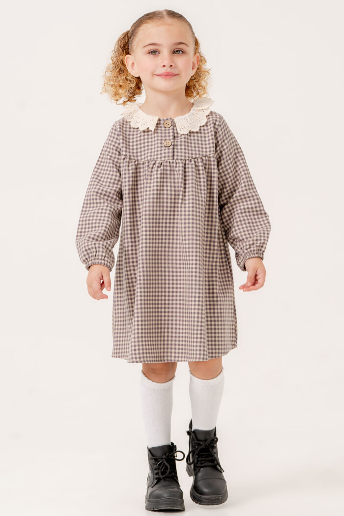 Kız Bebek Mor Ekose Yaka Detaylı 1-5 Yaş Elbise 3705-4