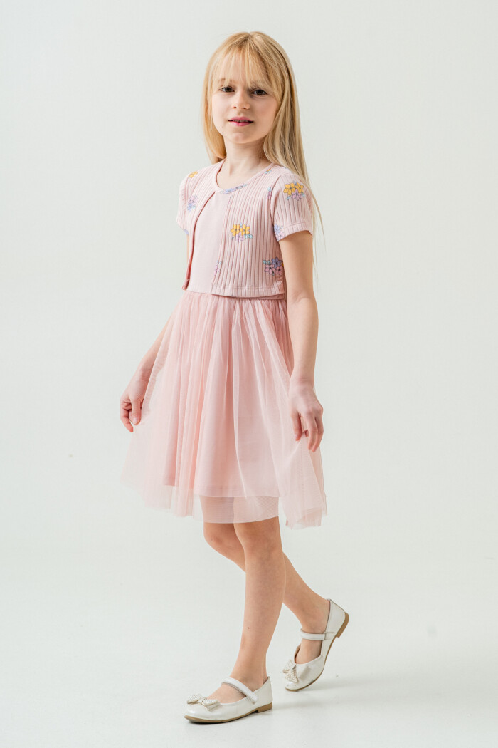 Kız Çocuk Çiçek Desenli Tüllü Elbise 2-7 Yaş Pudra 007-2