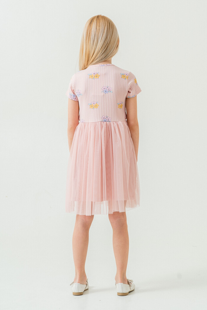 Kız Çocuk Çiçek Desenli Tüllü Elbise 2-7 Yaş Pudra 007-2