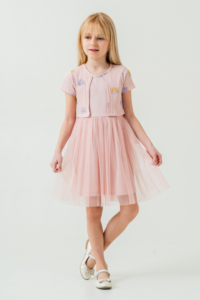 Kız Çocuk Çiçek Desenli Tüllü Elbise 2-7 Yaş Pudra 007-2