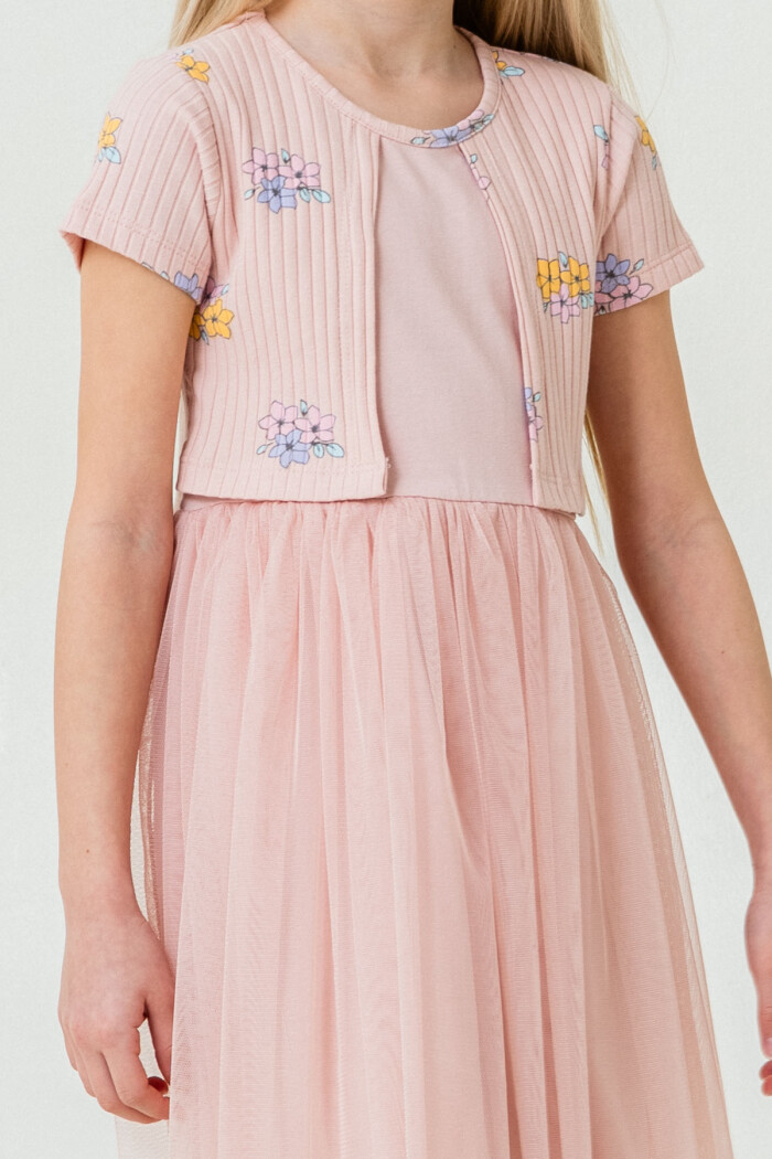 Kız Çocuk Çiçek Desenli Tüllü Elbise 2-7 Yaş Pudra 007-2