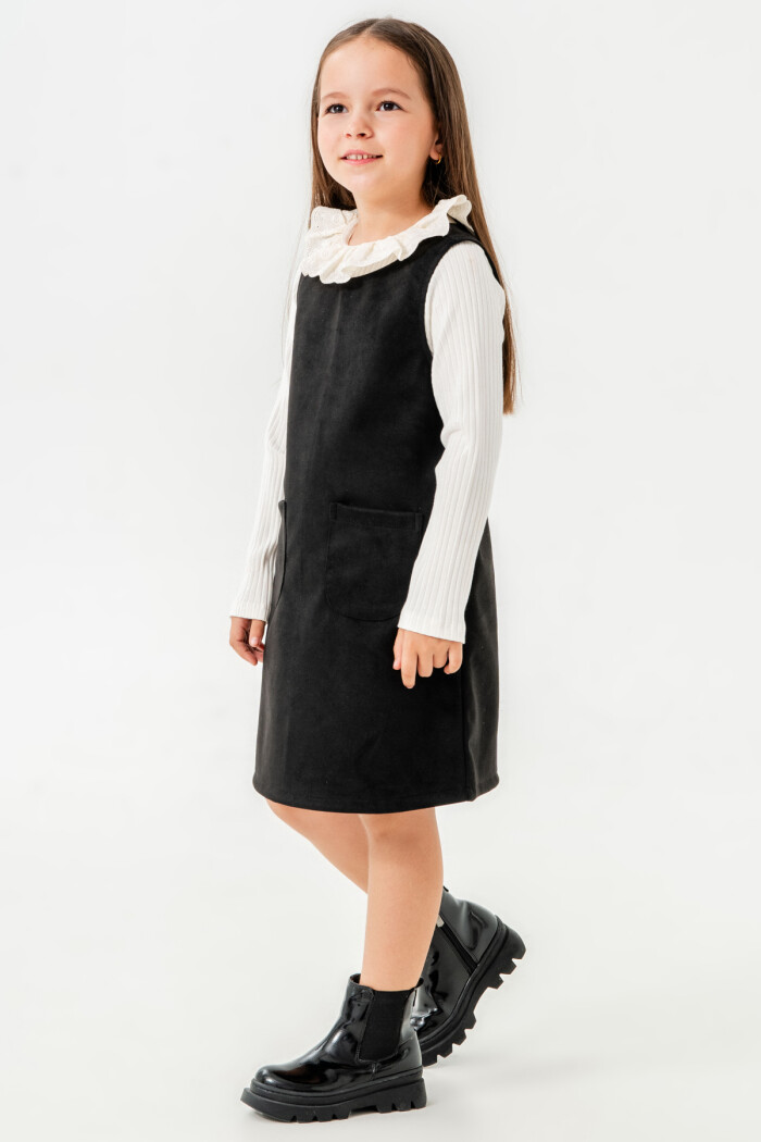 Kız Çocuk Siyah Yaka Detaylı Cepli 3-7 Yaş Badili Elbise - 3701-1