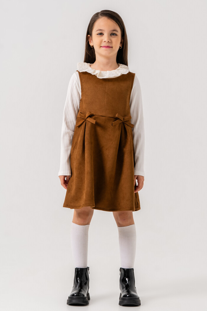 Kız Çocuk Taba Dantel Yaka Kurdele Detaylı 3-7 Yaş Badili Elbise - 3702-1